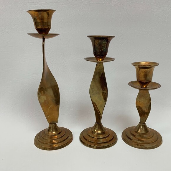 Brass Graduated Candlestick Candle Holders Swirl Twist Lot of 3 - Picture 4 of 7